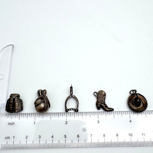 Sterling Silver Western Cowboy Charm Set Boot Spur Hat Chaps Money Bag Vintage - Picture 2 of 13